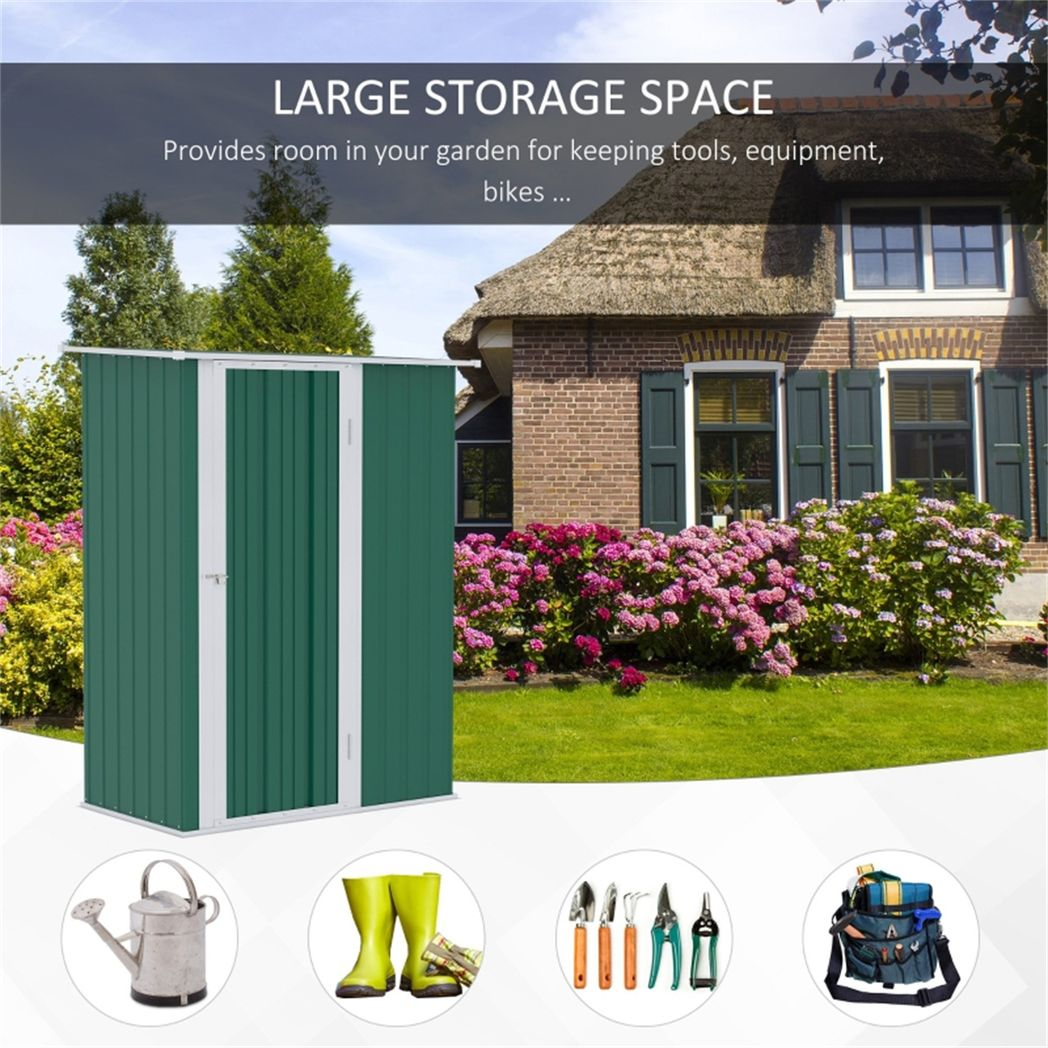 Metal Garden Storage Shed with Sloped Roof & Latched Door – Steel Tool, Bike & Bin Store, 142 x 84cm, Green