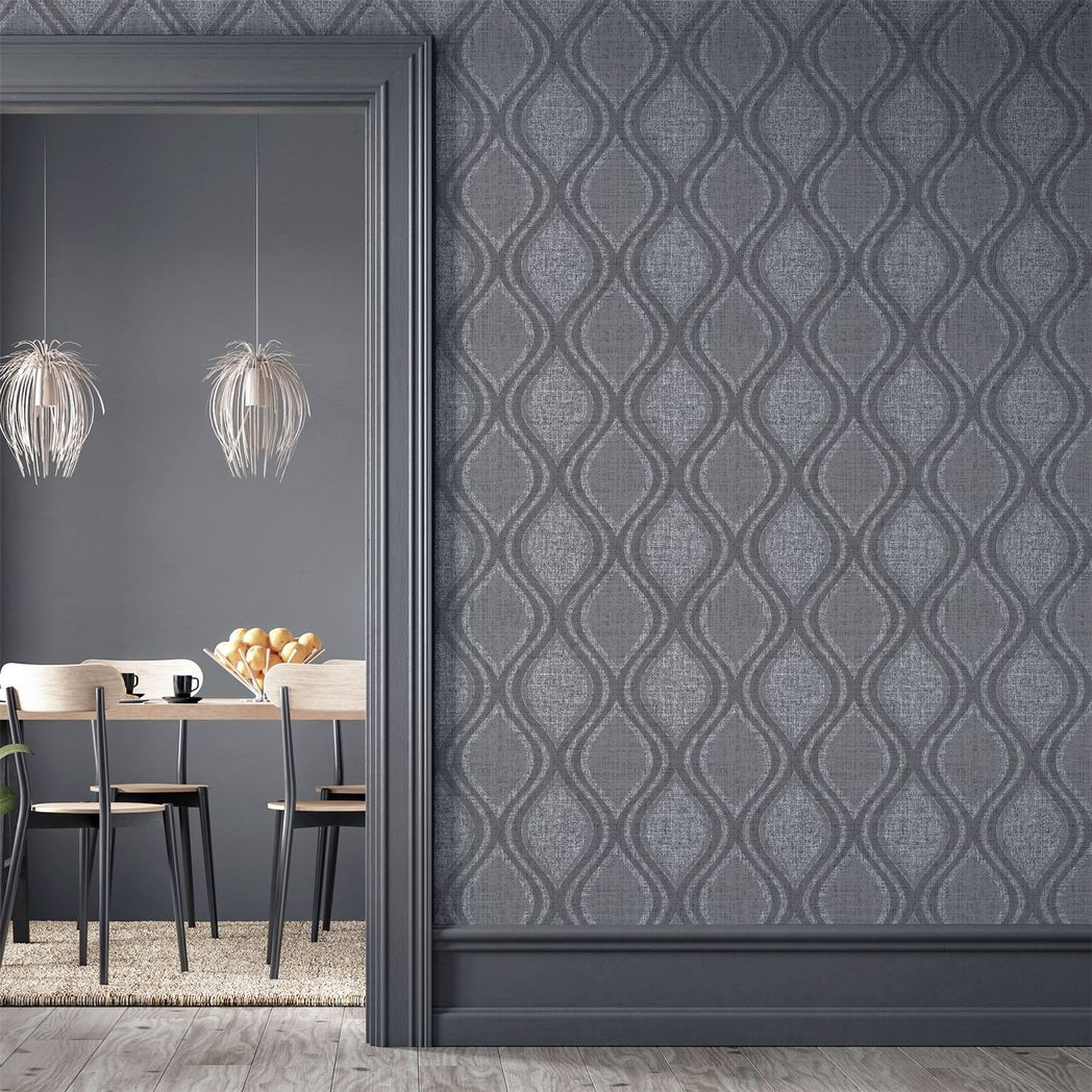 Arthouse Curve Heavyweight Vinyl Wallpaper with Metallic Shimmer – Strippable Paste the Wall, Charcoal