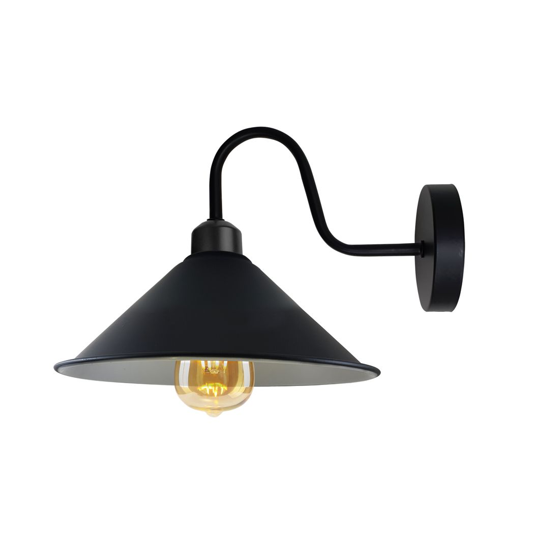 Black Cone Wall Light with Swan Neck Arm and E27 Base – Dimmable Vintage Indoor Wall Sconce