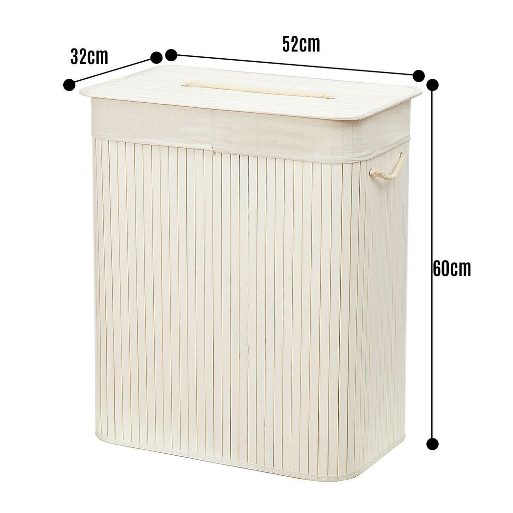Rectangular Bamboo Laundry Basket with Lid, Divider & Rope Handles – Storage Organiser for Bathroom & Laundry Room, White