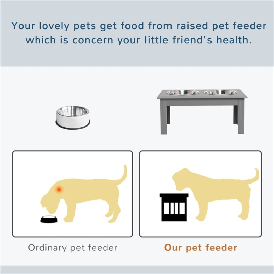 PawHut Elevated Dog Bowls with Stainless Steel Double Bowls & Anti-Slip Feet – Raised Pet Feeder Stand, Grey