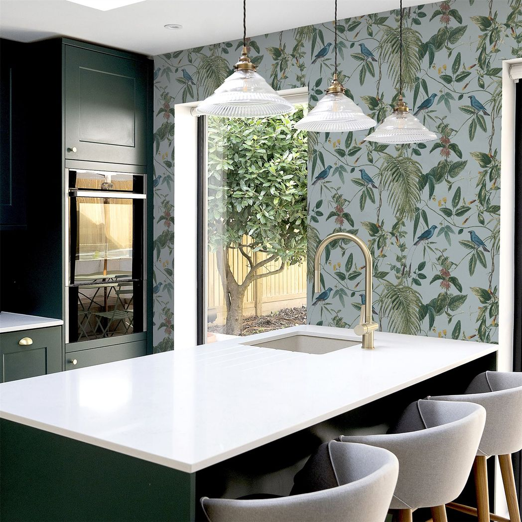 Arthouse Exotic Garden Wallpaper with Birds, Flowers and Foliage – Vintage Botanical Print, Blue
