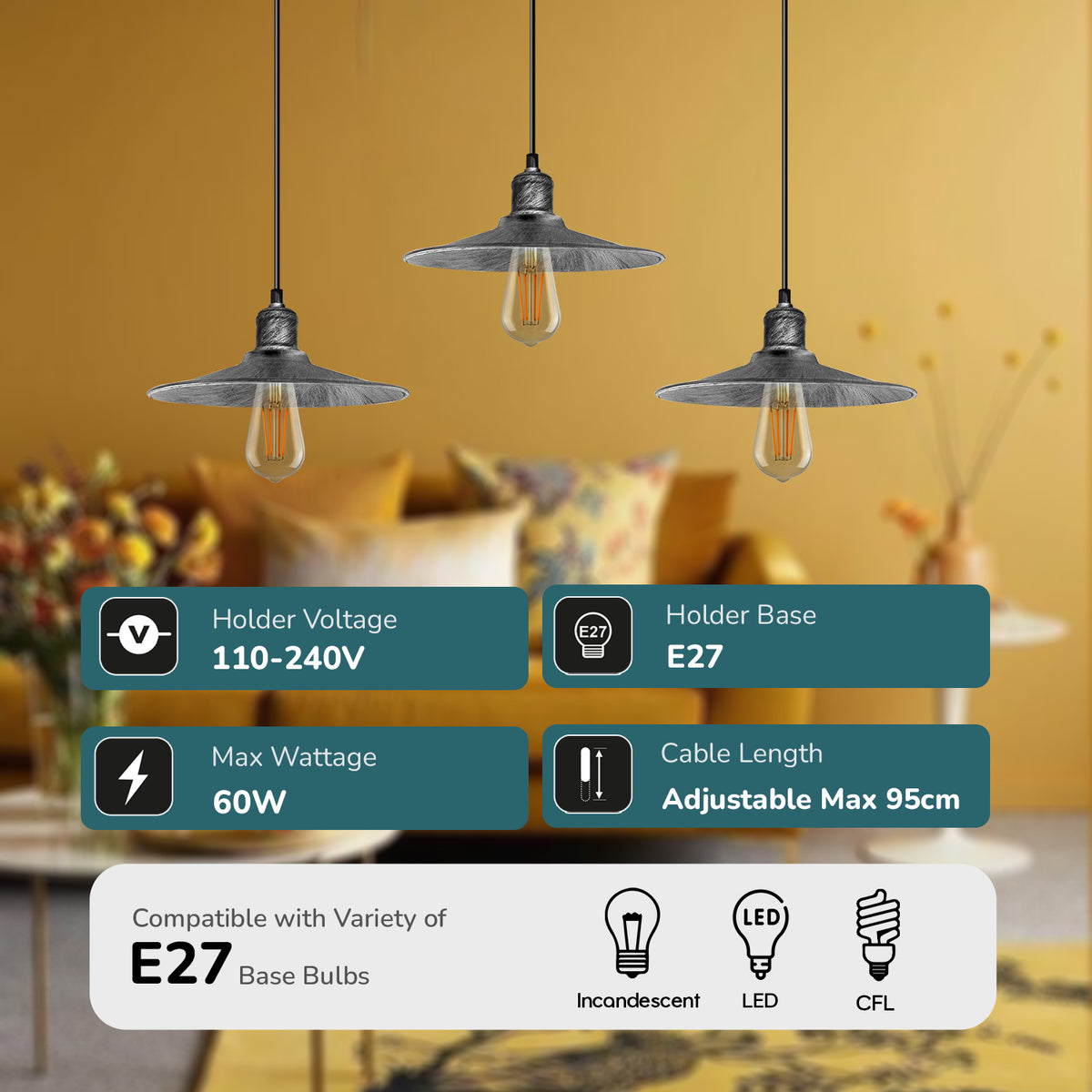 LEDSONE 3 Head Vintage Metal Cone Pendant Light with Rectangle Base, E27 Holders & 95cm Cables – Island Lighting