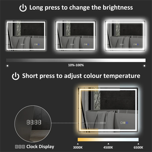 Home&Me LED Bathroom Mirror 80 x 60cm with Bluetooth Speaker, Clock & Demister – Silver, Dimmable