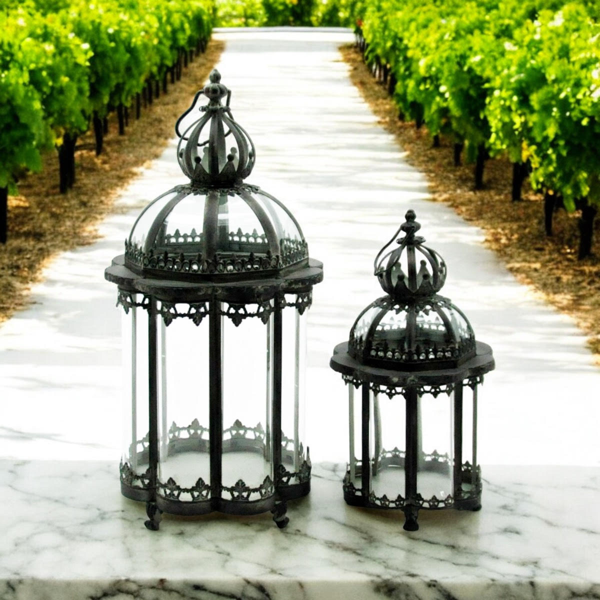Grey Metal Tealight Lantern Holders with Glass Panels, Set of 2 – Indoor & Outdoor Art Deco Lanterns