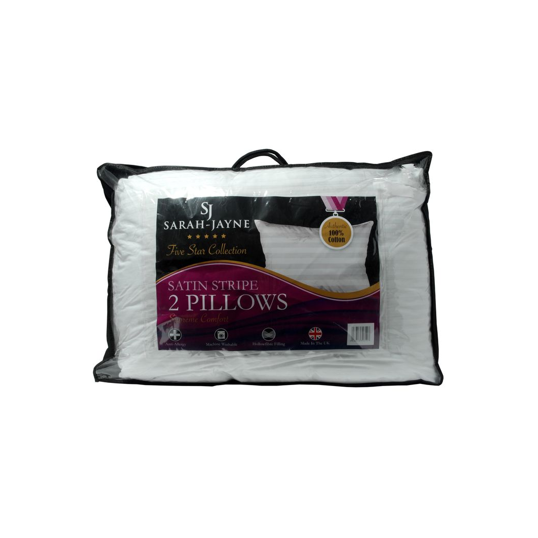 Sarah Jayne Ultrabounce Satin Stripe Hollowfibre Pillow Pair with Cotton Case – Bedding Set of 2