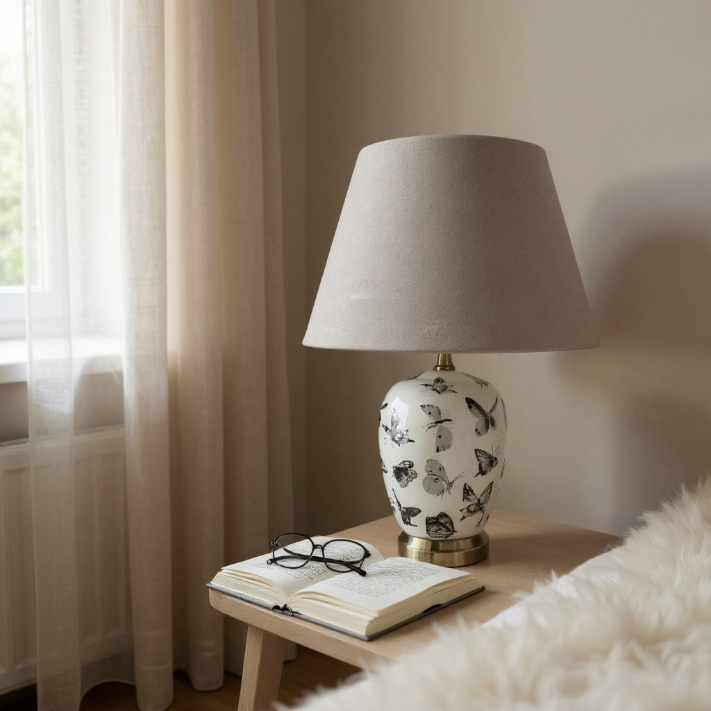 Oriental Floral Ceramic Table Lamp with Drum Shade – Decal Patterns, Soft Ambient Lighting