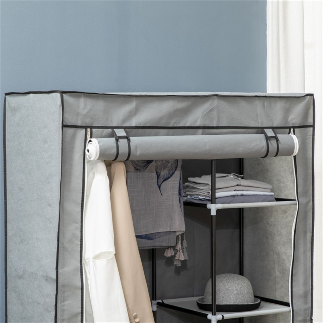 Chester Fabric Wardrobe with Hanging Rail, 6 Shelves and Roll-Up Door – Steel Frame Clothes Storage, Light Grey