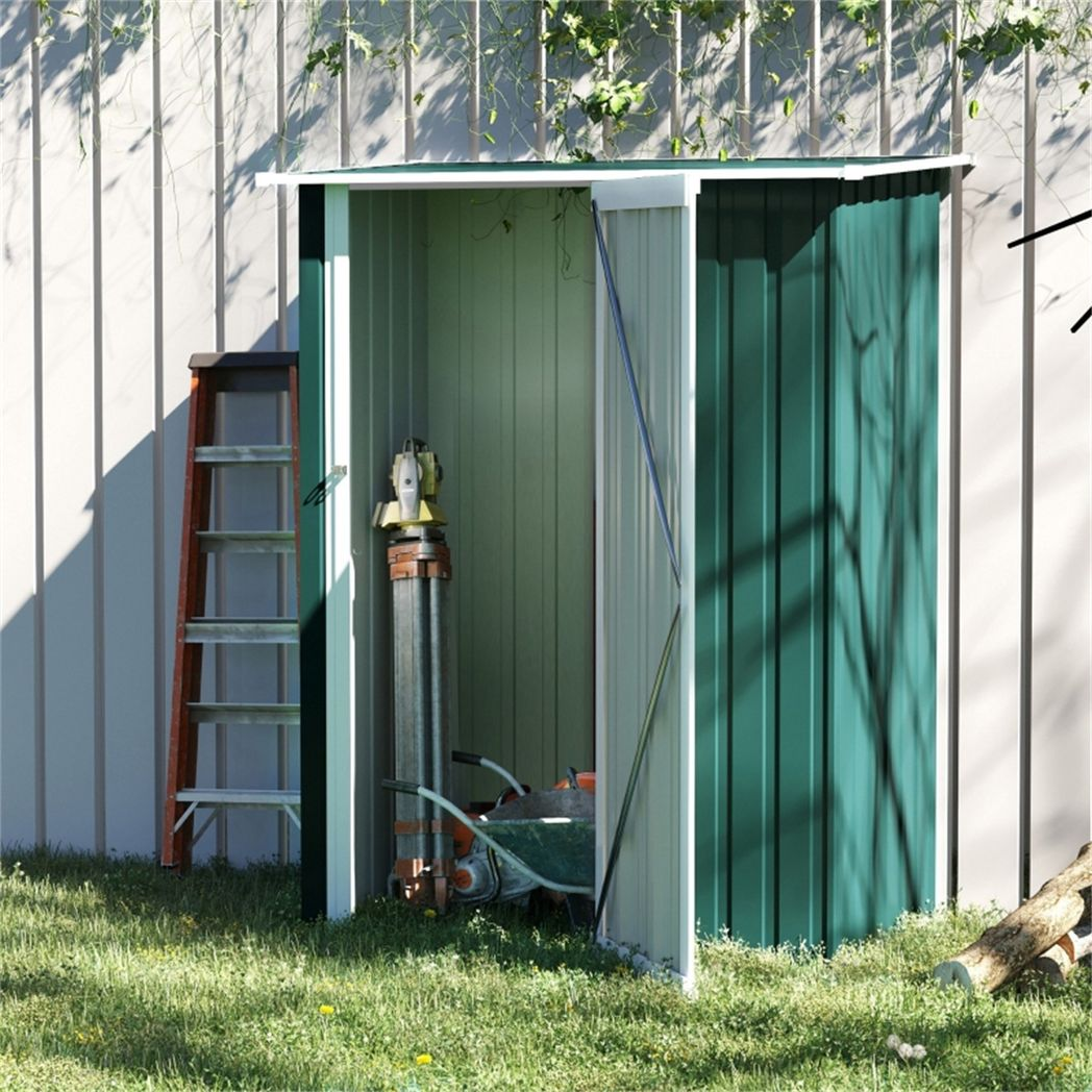 Metal Garden Storage Shed with Sloped Roof & Latched Door – Steel Tool, Bike & Bin Store, 142 x 84cm, Green