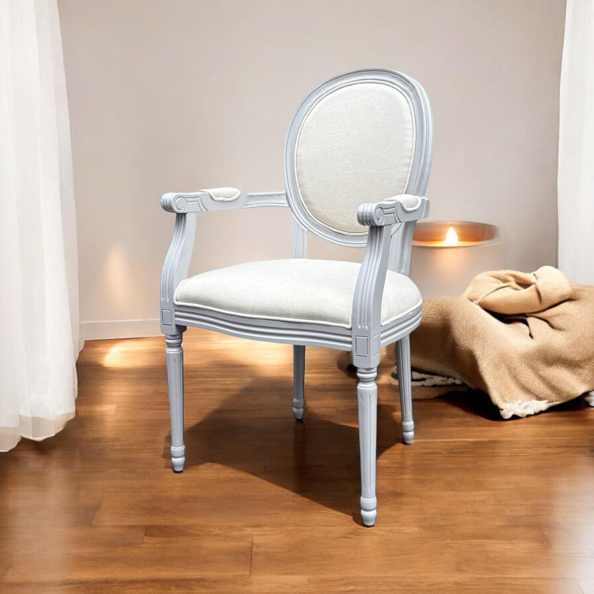 Louis-Style Cream Linen Armchair with High Back – 94cm French Dining Chair, Grey Frame