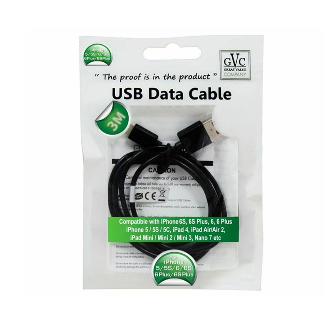 GVC USB Charging and Data Sync Cable, 3m – Fast Charging and File Transfer Lead for PC and Devices, Black