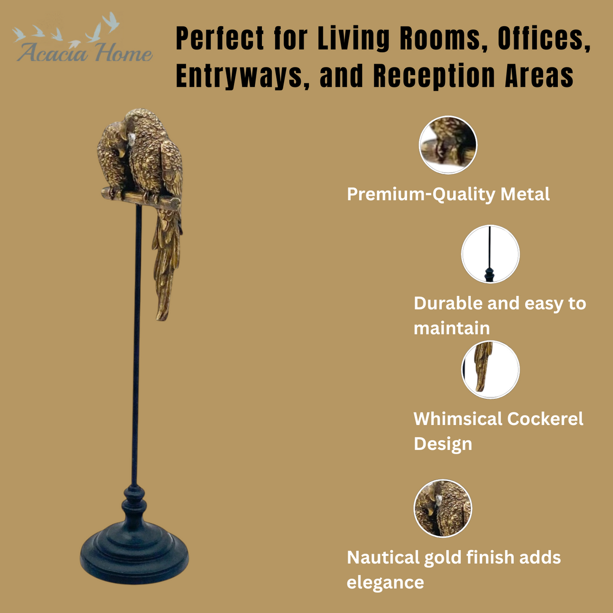 AcaciaHome XL Tall Gold Parrot Sculpture – Resin Decorative Figurine for Home, Office & Patio