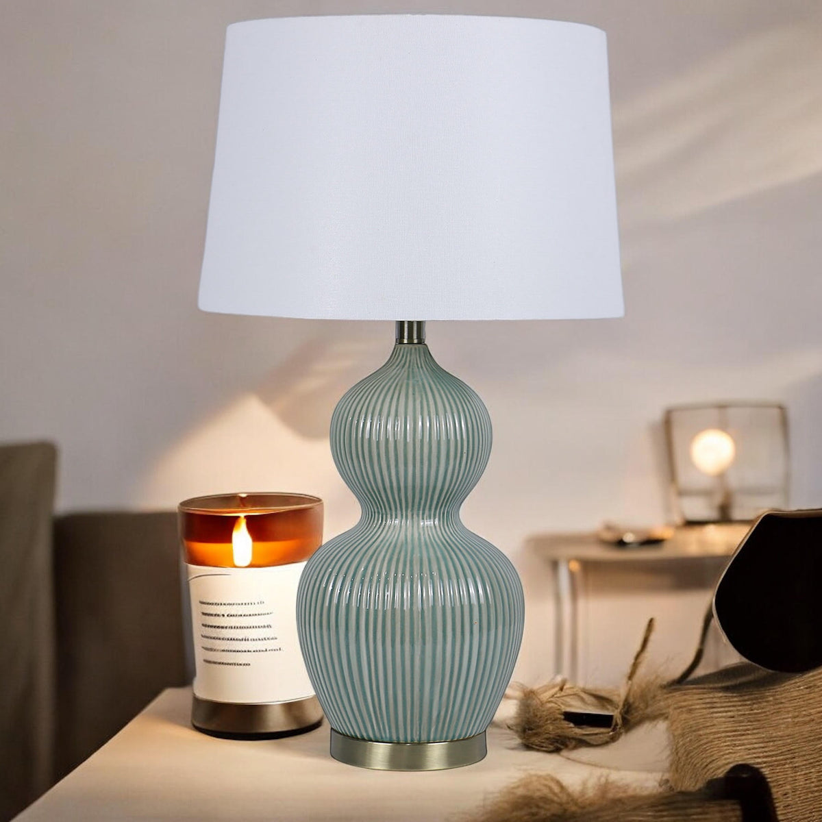 Cream Ceramic Table Lamp with Striped Base and Handmade Pleated Drum Shade – 3 Layer, 59cm Shade, Living Room or Hallway