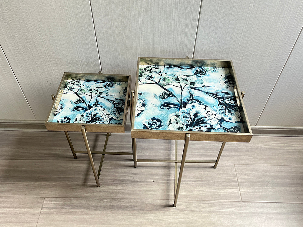 Set of 2 Art Deco Marble-Effect Side Tables with Removable Trays – X-Shaped Legs, Floral Black Gold