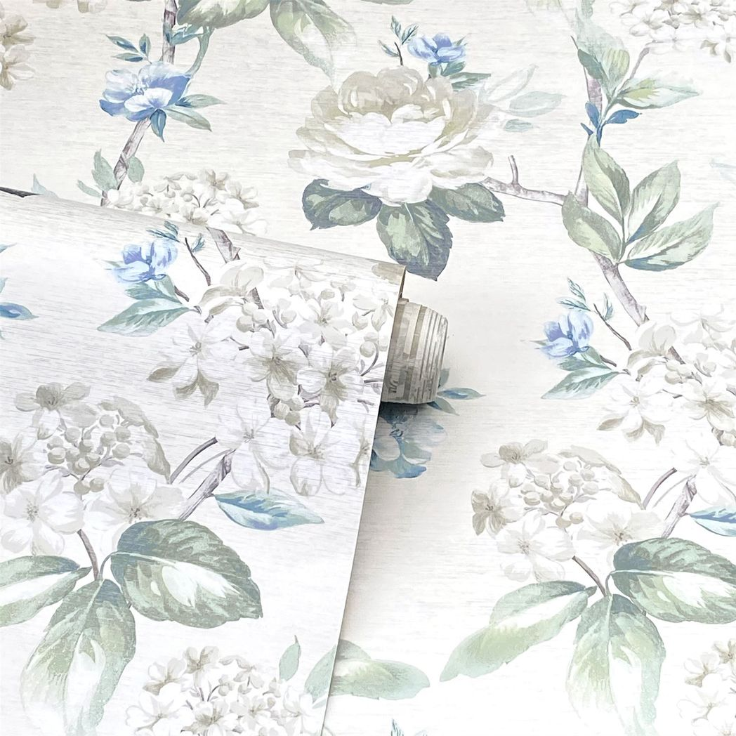 Arthouse Keeka Floral Wallpaper – Elegant Trailing Flowers for Feature Walls, Blue & Cream