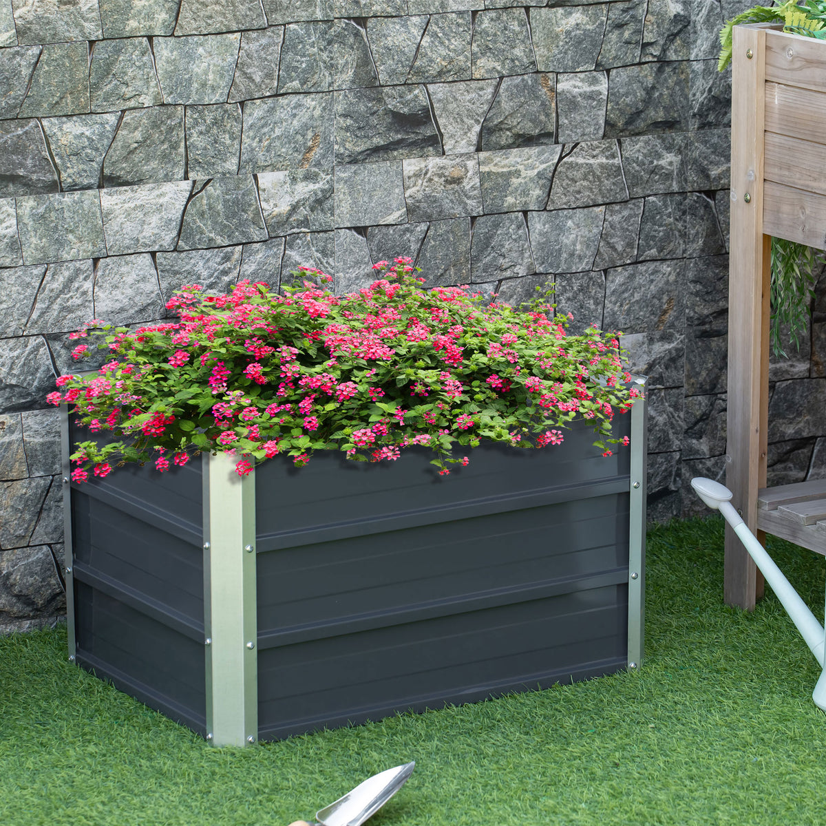 Outsunny Raised Garden Bed with Rustproof Metal Frame & Gloves – Elevated Planter Box, Grey