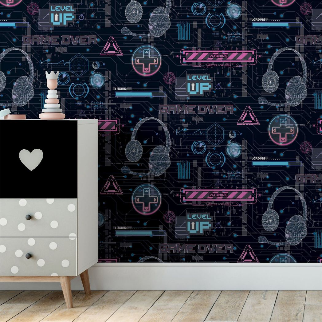 Arthouse Gamer Video Glitch Wallpaper with Neon Style Signs – Gaming Room, Play Room or Den, Pink