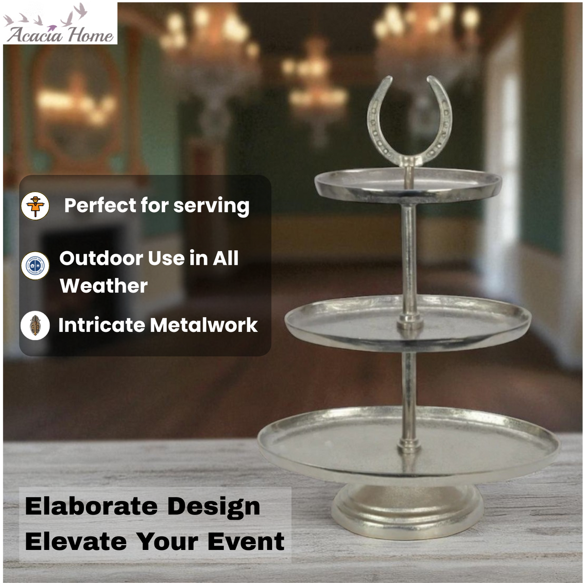 AcaciaHome Horseshoe 3-Tier Cake Stand with Glass Tiers & Nickel-Plated Frame – Art Deco Dessert Display