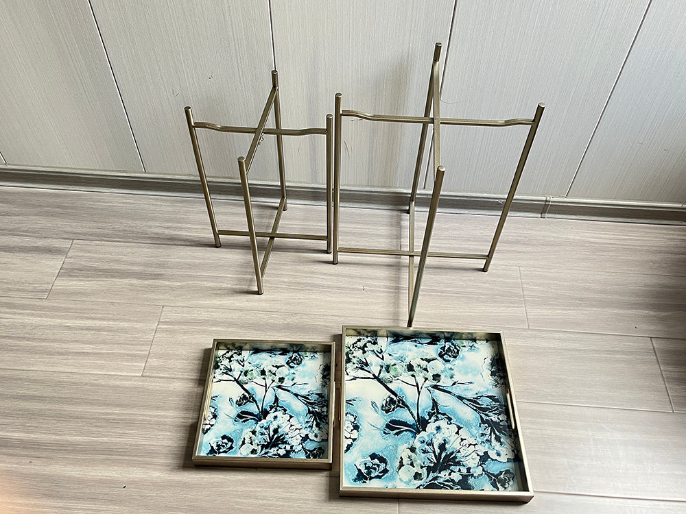 Set of 2 Art Deco Marble-Effect Side Tables with Removable Trays – X-Shaped Legs, Floral Black Gold