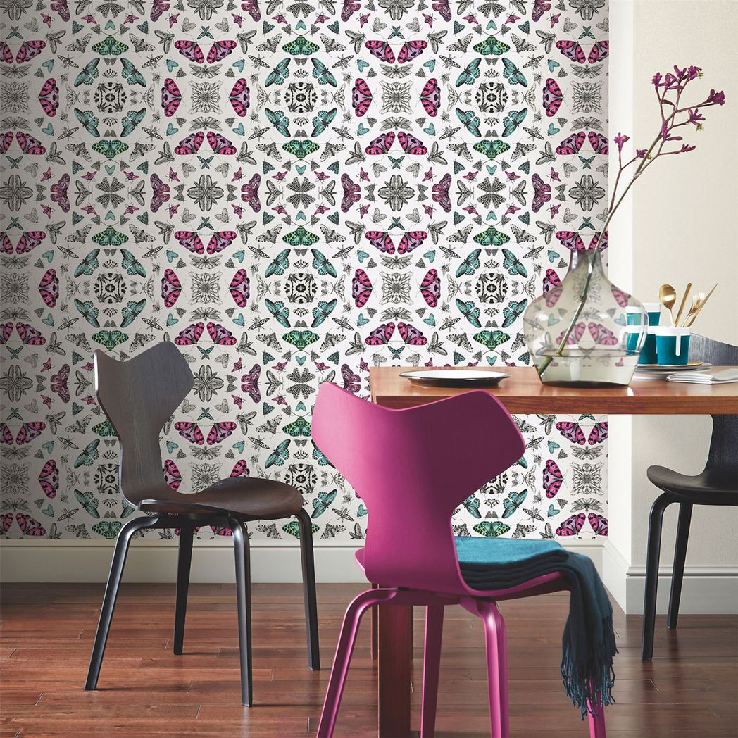 Arthouse Glitter Bug Wallpaper with Multi-Coloured Bugs & Butterflies – Playful Kaleidoscope Design, White