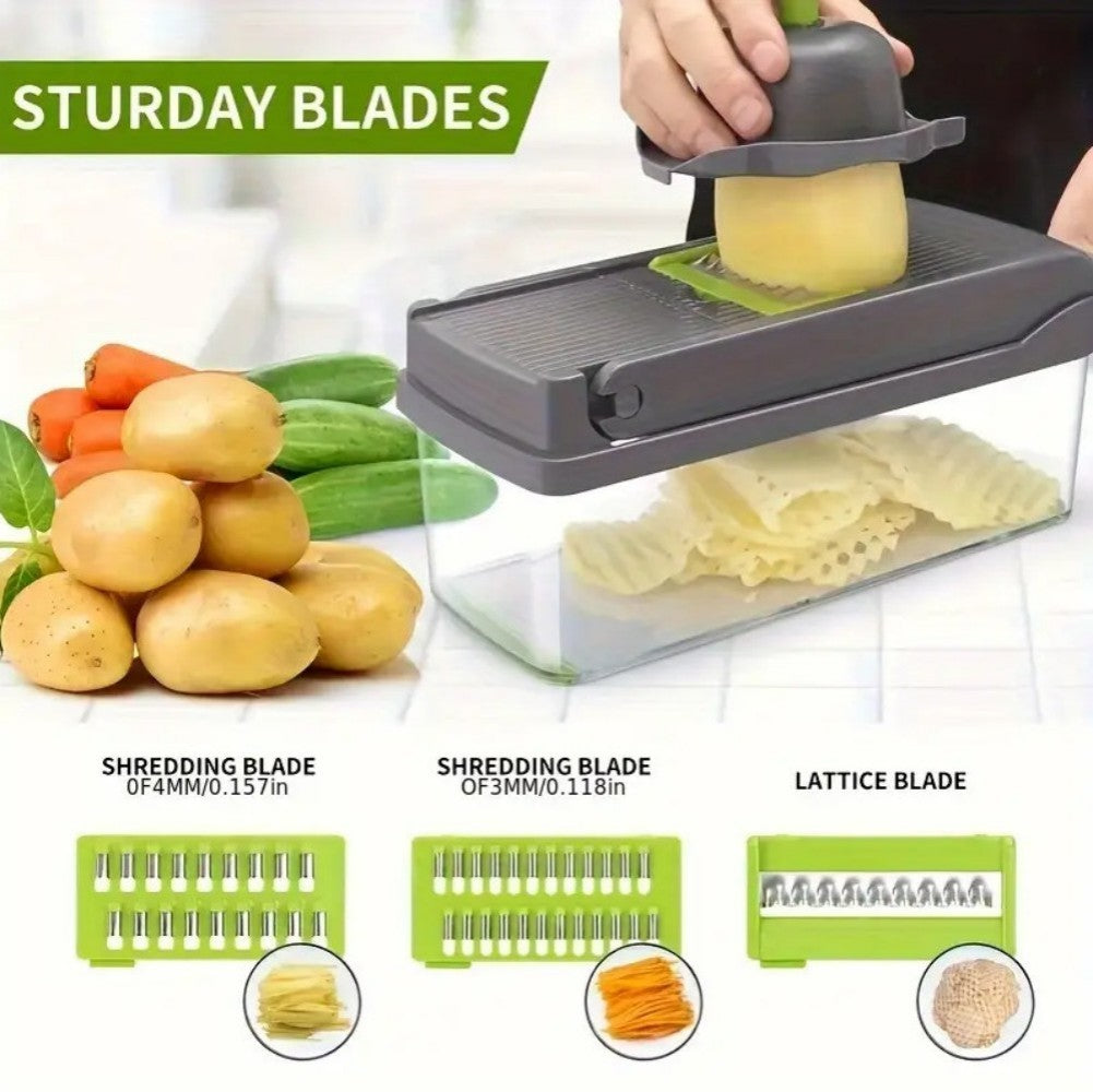 16-in-1 Vegetable Chopper with 8 Interchangeable Blades and 1.5L Container – Salad Slicer, Dicer and Grater Set