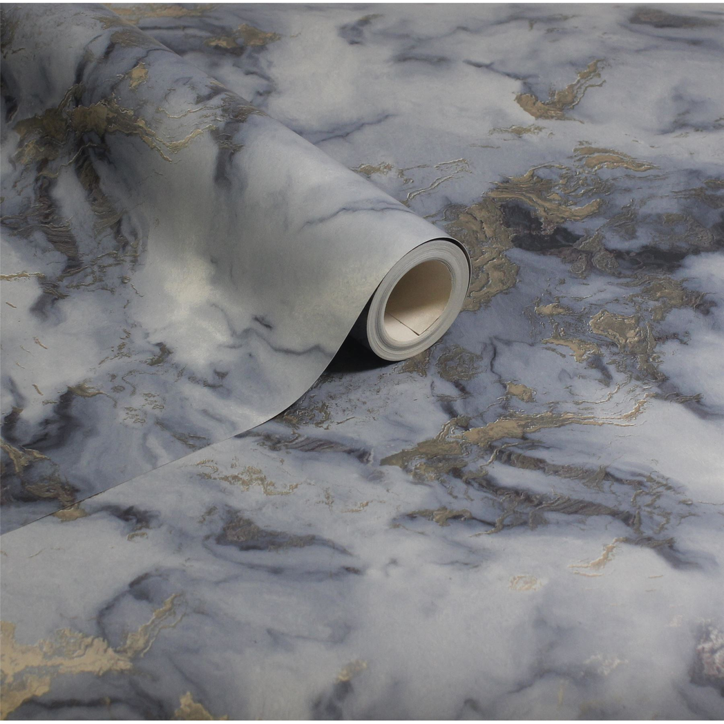 Arthouse Bahia Marble Flat Surface Wallpaper with Navy, Grey & Metallic Gold Detailing – Paste the Paper