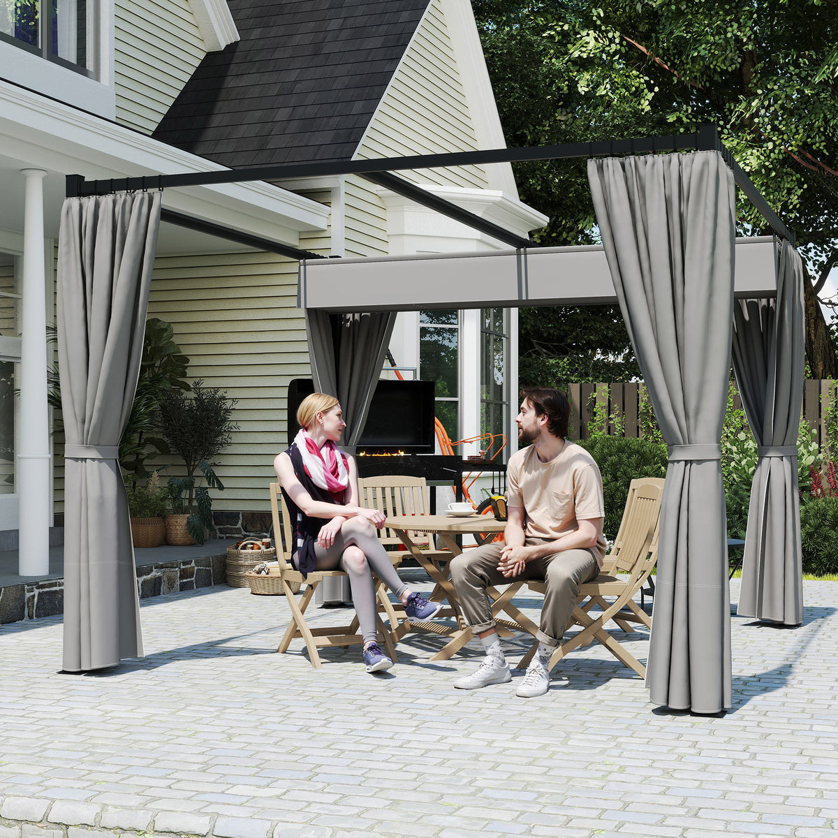 Outsunny 3x3m Retractable Pergola with PU Canopy & Privacy Curtains – Metal Frame Garden Shade, Light Grey