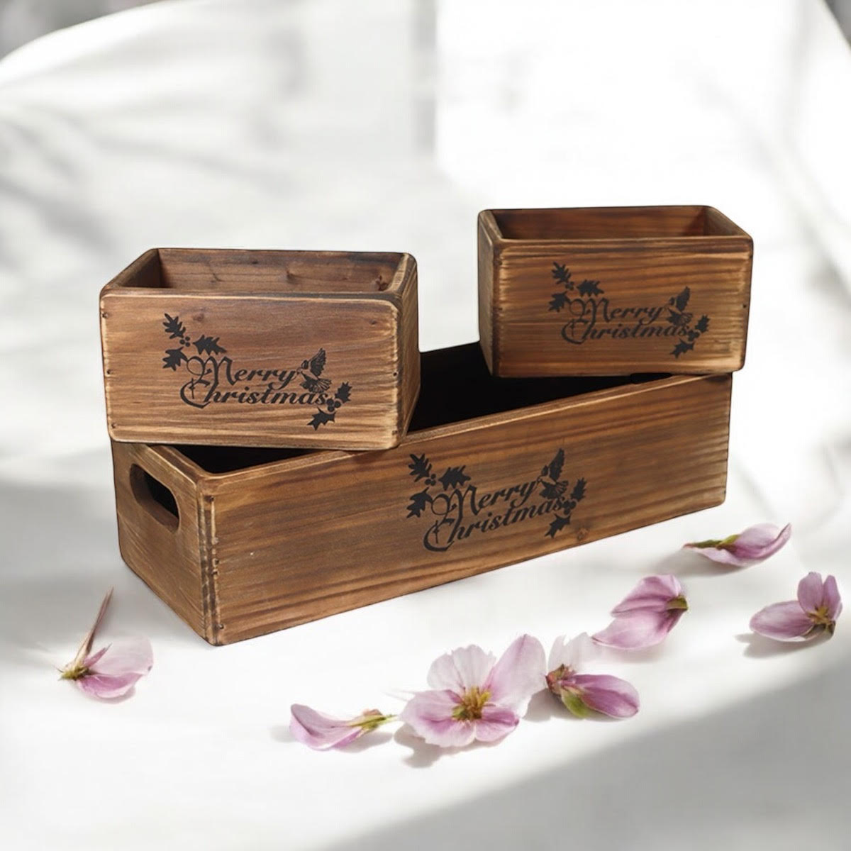 AcaciaHome Vintage Wooden Merry Christmas Storage Crate Set with Sturdy Handles – Festive Rustic Decor