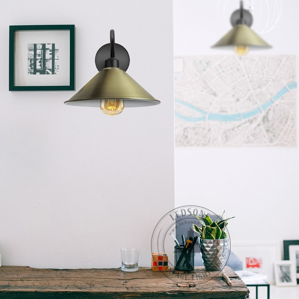 Vintage Swan Neck Wall Light with Cone Shade and E27 Socket – Dimmable Indoor Wall Sconce, Green Brass