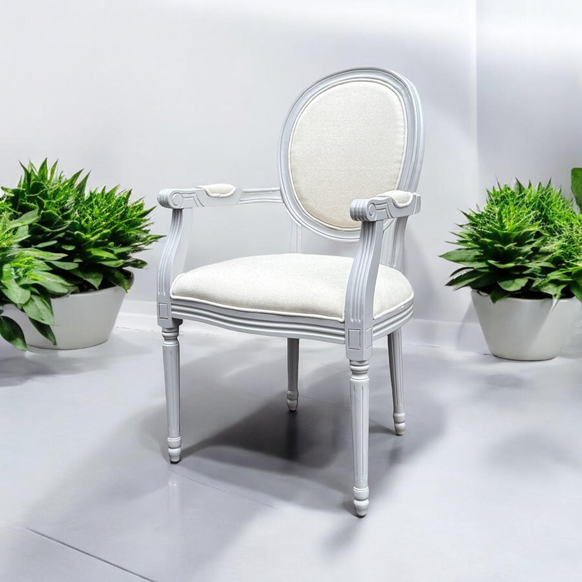 Louis-Style Cream Linen Armchair with High Back – 94cm French Dining Chair, Grey Frame