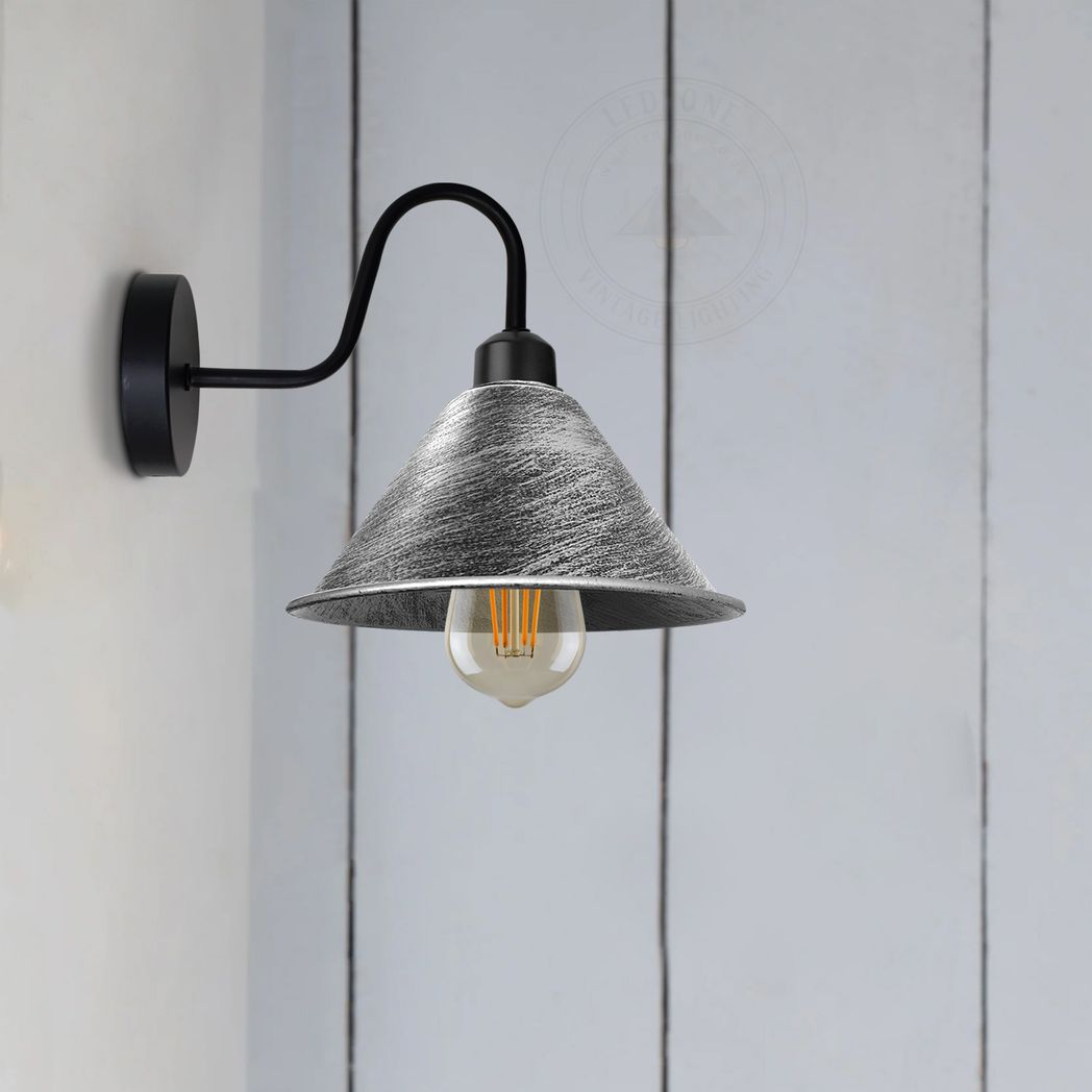 Vintage Cone Wall Light with Swan Neck and E27 Socket – Dimmable Indoor Sconce, Brushed Silver