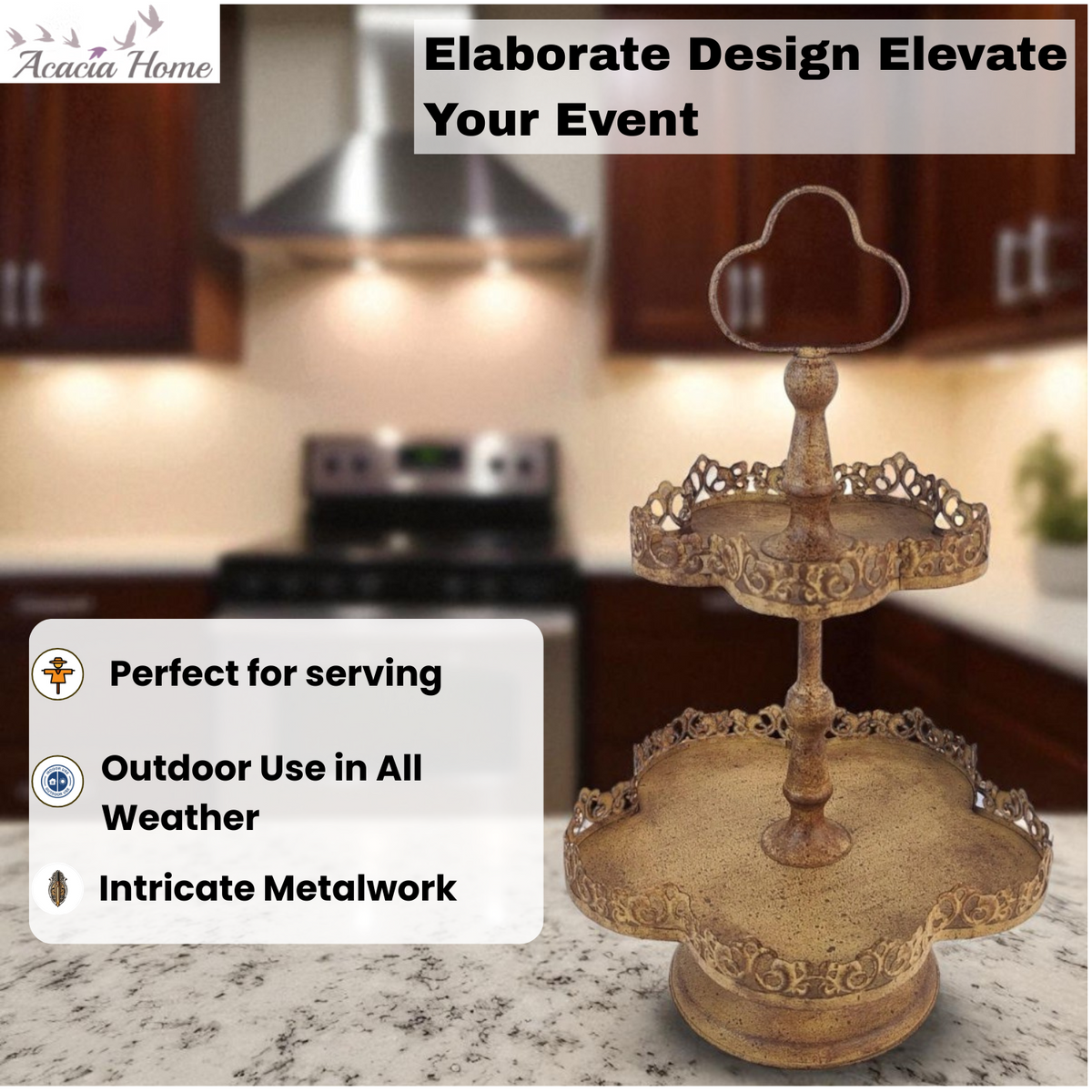 AcaciaHome Rusty 2-Tier 48cm Round Metal Plant & Cake Stand – Patina Pedestal for Cupcakes, Plants & Decor