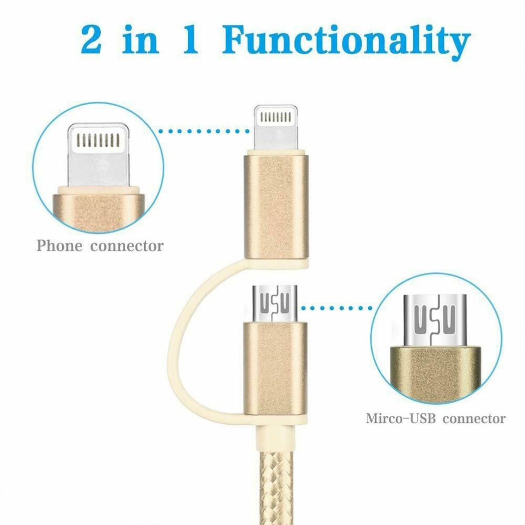 FX Powabud 2-in-1 Nylon Braided USB Cable with Dual Connectors, 1m – Sync & Charge Data Cable, Gold