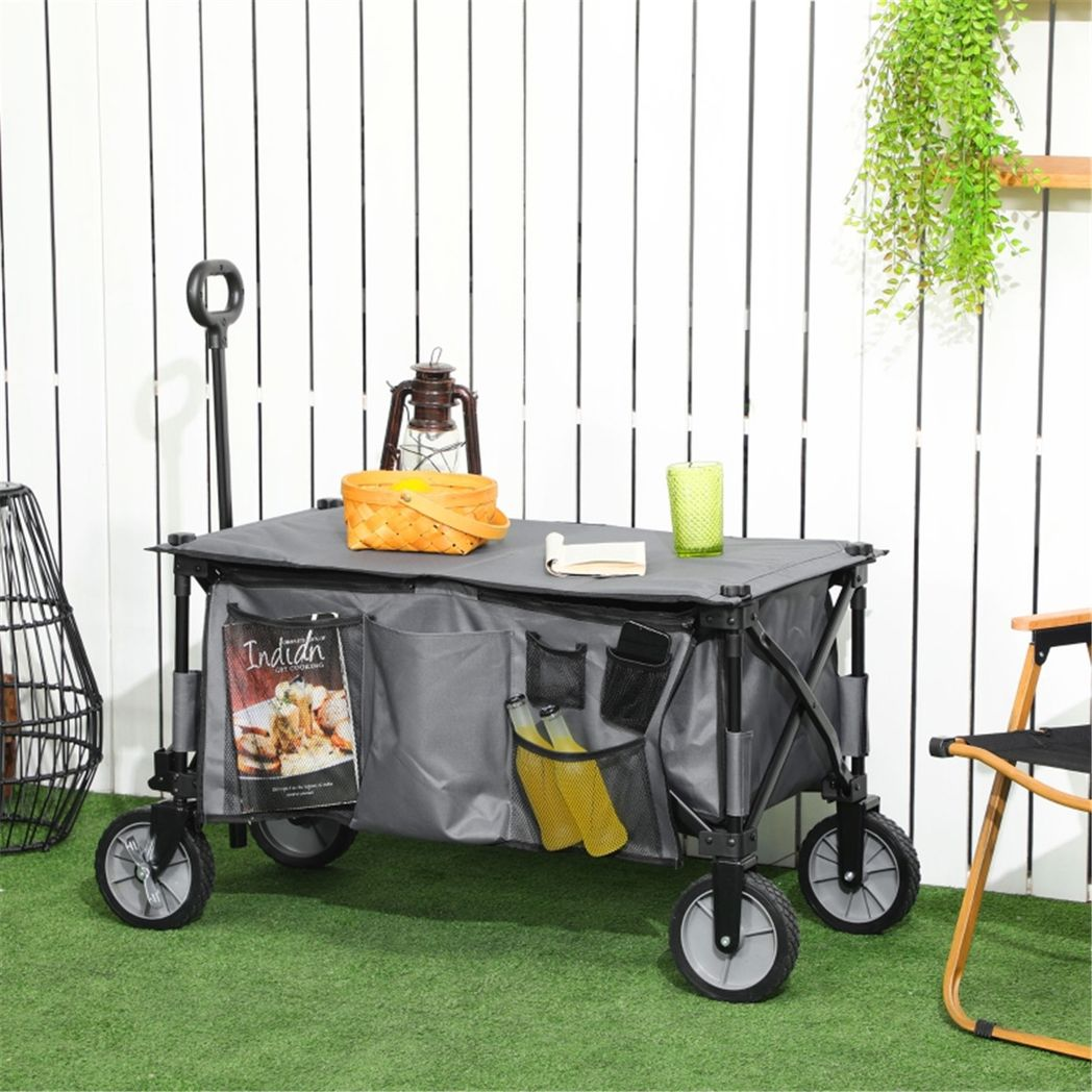 Folding Garden Cart with 4 Wheels, Brakes & Adjustable Handle – 125L Utility Trolley, Dark Grey