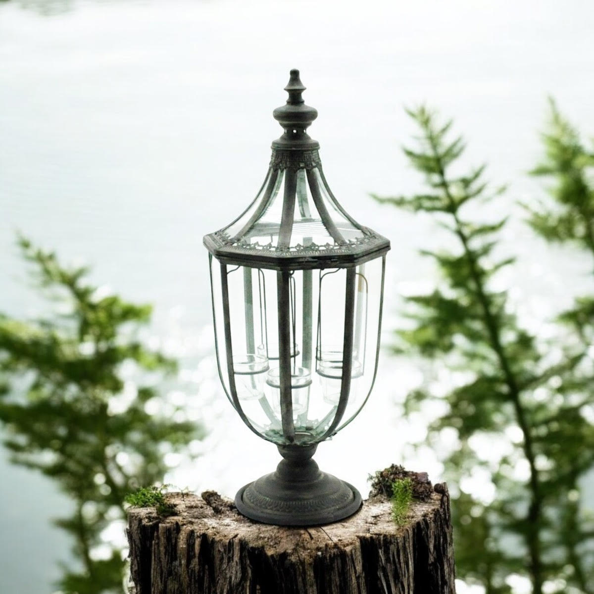 MSL 77cm Grey Metal Candle Lantern with Glass Panels – Antique Weather-Resistant Garden & Patio Light Holder