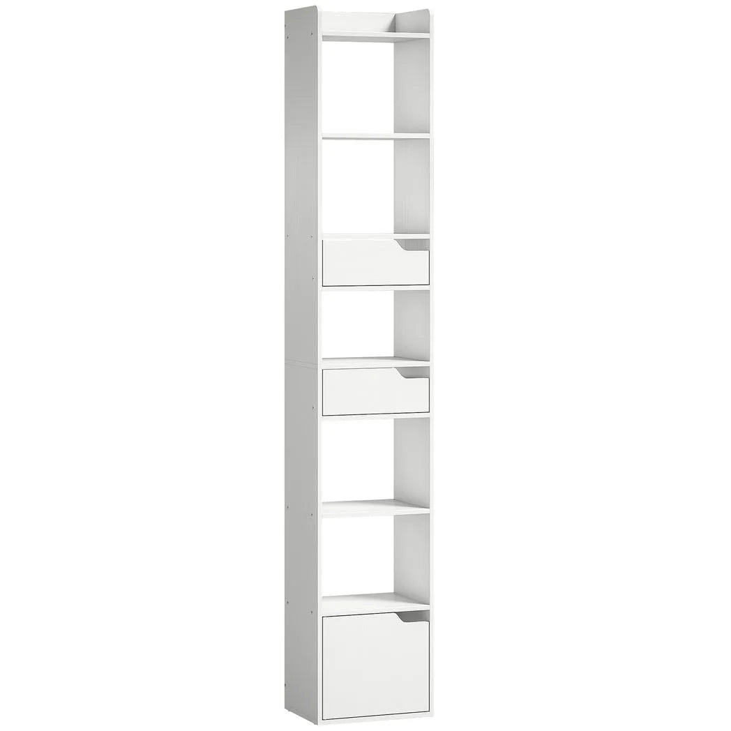 HOMCOM Tall Narrow Bookcase with Drawers and Bottom Cabinet – Freestanding Living Room Storage, White Wood Effect