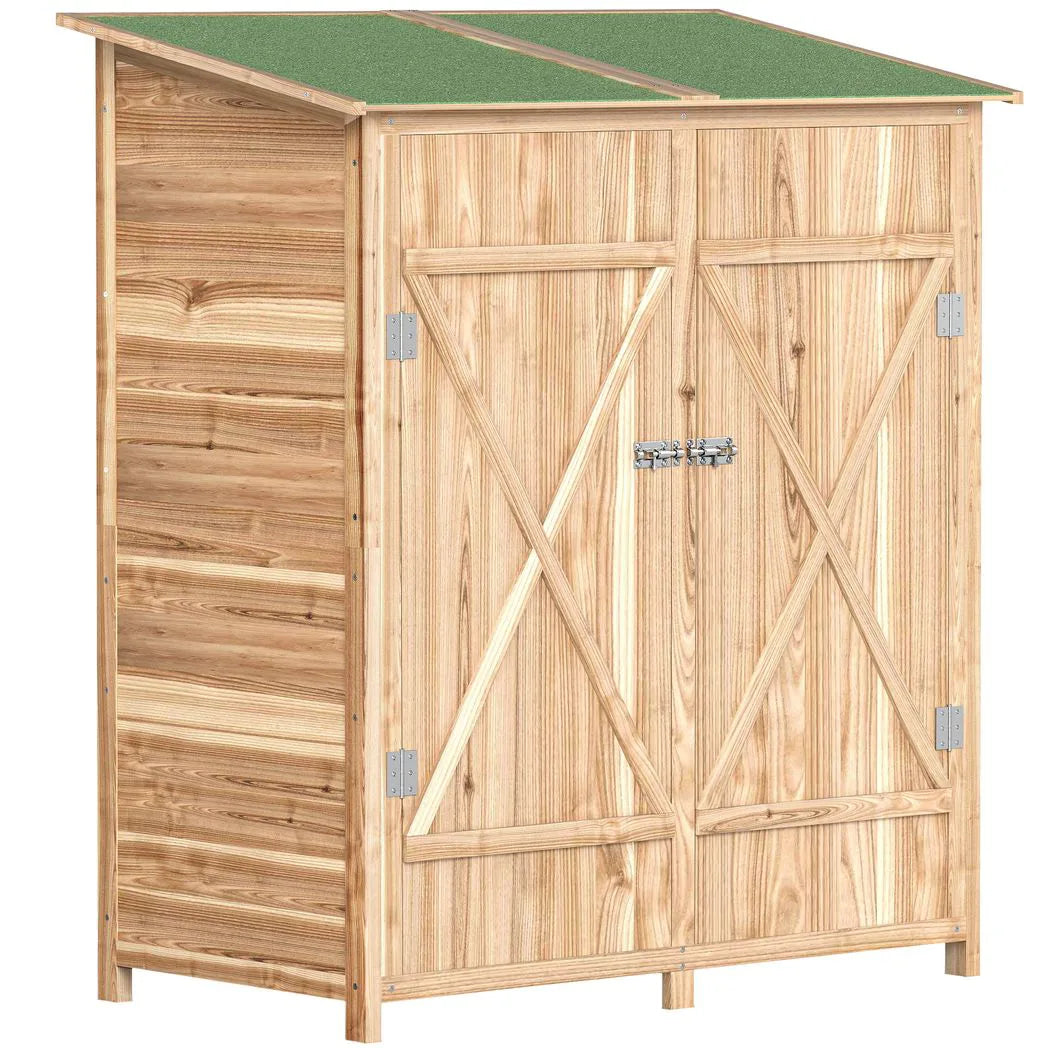 Outsunny Fir Wood Garden Shed with Asphalt Roof, Lockable Door and Removable Table – 140 x 75cm, Natural
