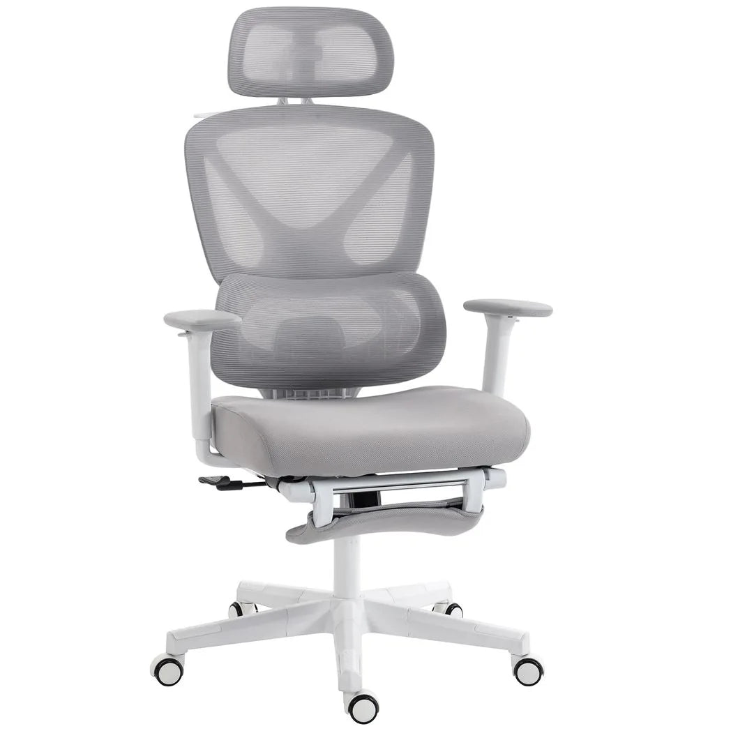 HOMCOM Ergonomic Office Chair with Adjustable Headrest, Lumbar Support & Legrest – Reclining Mesh Chair, Grey