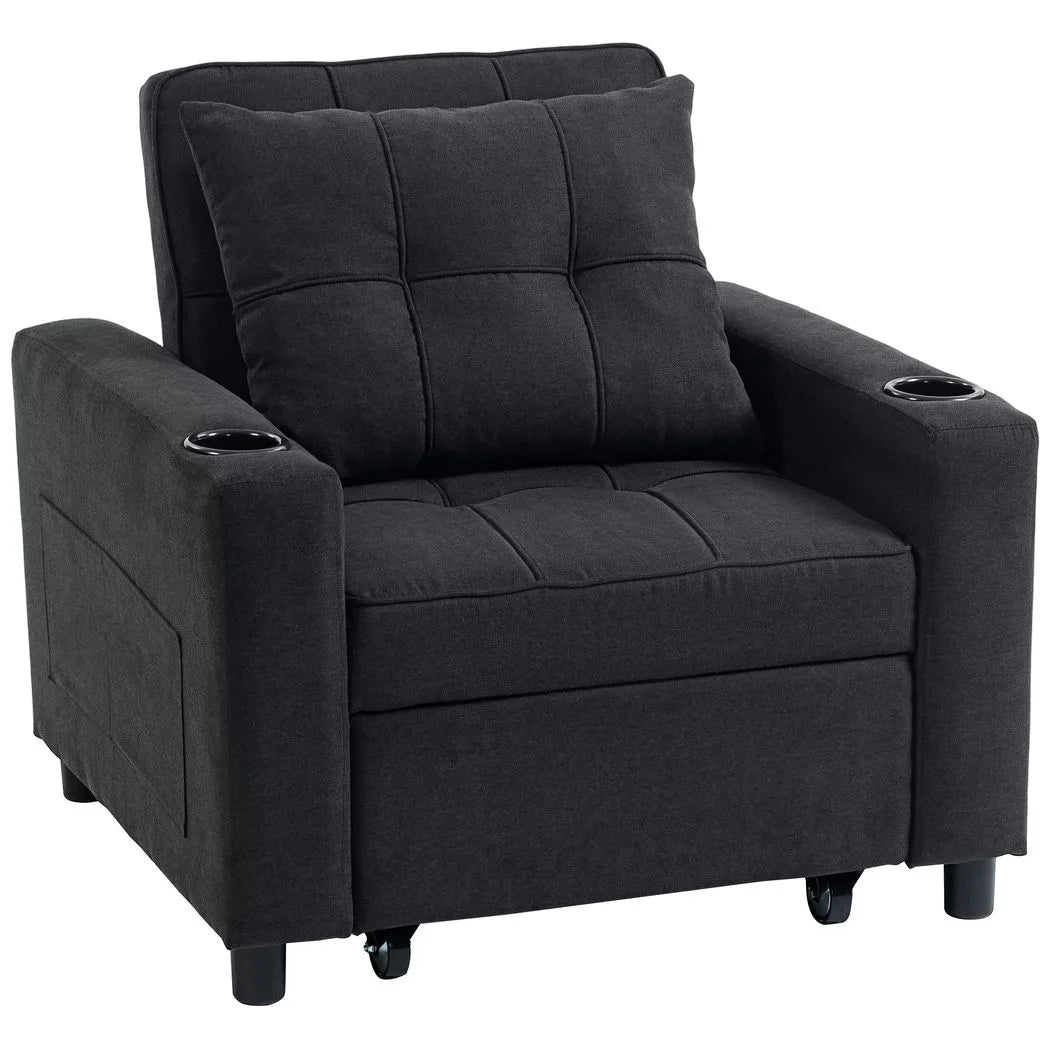 HOMCOM 3-in-1 Single Sofa Bed with Three-Level Back, Cup Holders and Pillow – Convertible Sleeper Chair Bed, Black
