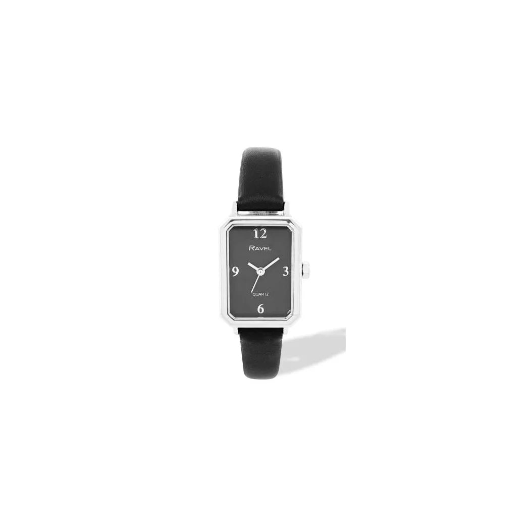 Ravel Ladies Rectangular Watch, Polished Silver Case, Black Faux Leather Strap, 16mm