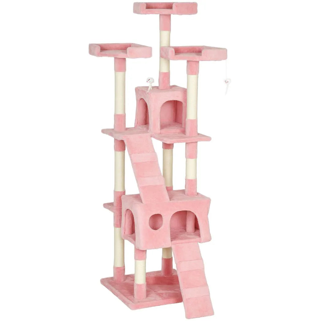 PawHut 173 cm Cat Tree with Scratching Boards and Two Cat Houses – Tall Activity Play Centre, Pink