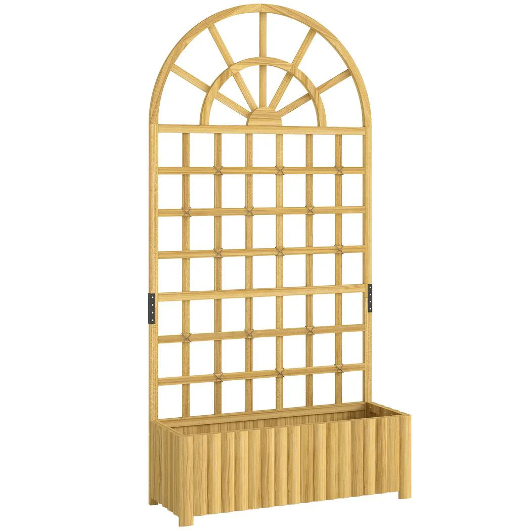 Outsunny Wooden Raised Planter with Curved Trellis & Drainage Holes – Garden Bed for Climbing Plants, Fir Wood