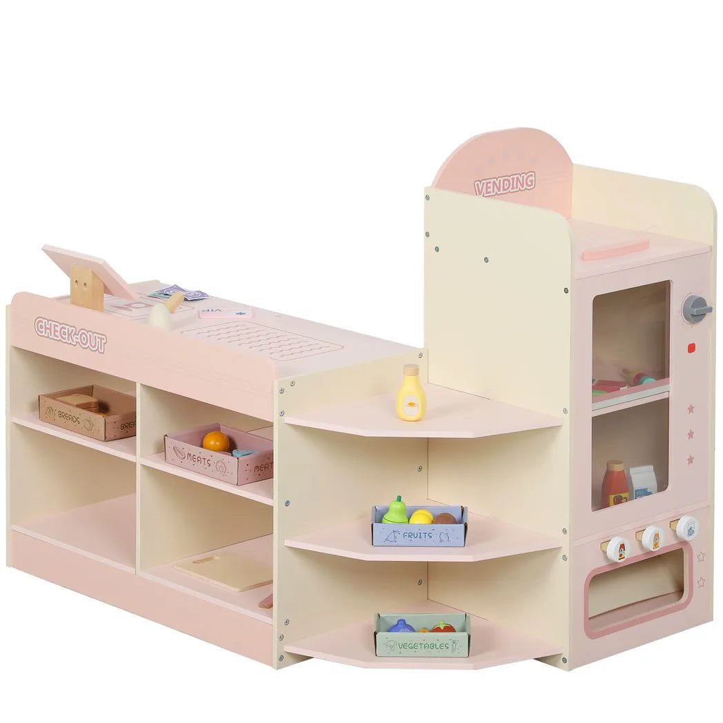 AIYAPLAY Kids Grocery Store Playset with Cash Register, Vending Machine & Shelves – Pretend Supermarket