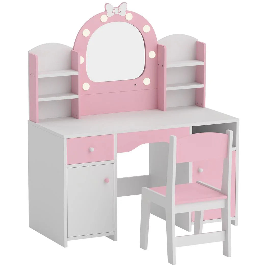 AIYAPLAY Kids Vanity Set with Stool, Dual-Colour Lights Mirror, Cabinets, Drawer & Shelves – Children's Dressing Table, Pink