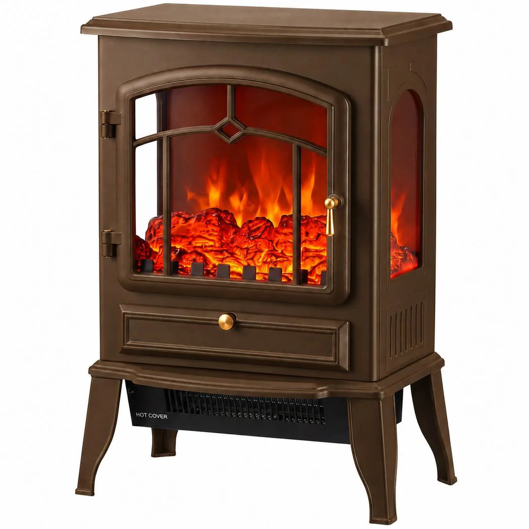HOMCOM 3-Sided Electric Fireplace Stove, 1000W/2000W Freestanding Heater with 3D Flame Log – Brown