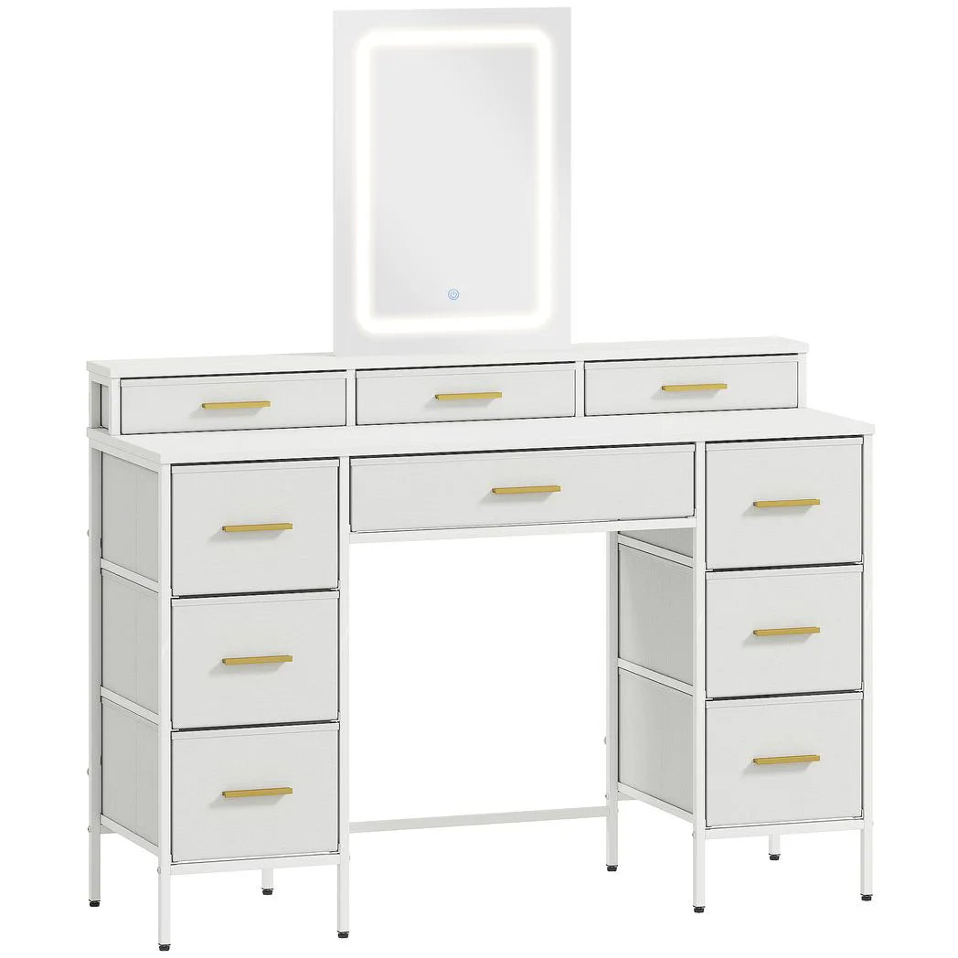 HOMCOM Dressing Table with LED Mirror and 10 Fabric Drawers – Makeup Vanity with Adjustable Lighting, White