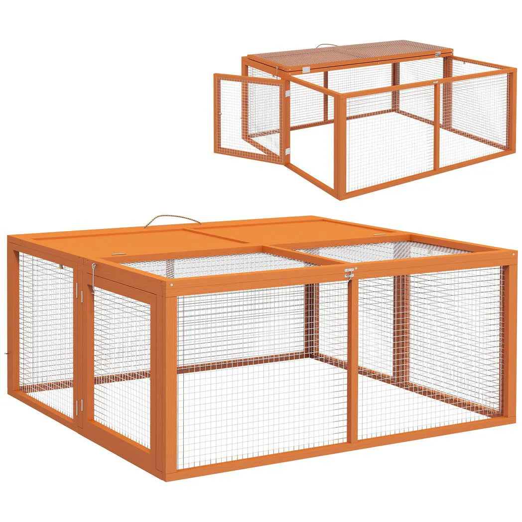 PawHut Wooden Folding Rabbit Hutch for 2–3 Rabbits with Built-In Handle – Outdoor Guinea Pig Run, Orange