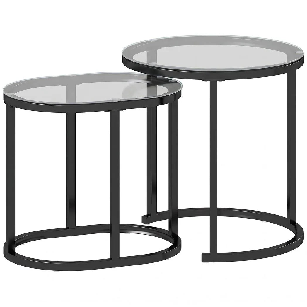 HOMCOM Nest of 2 Coffee Tables with Steel Frame and Tempered Glass Tops – Round and Oblong Side Tables, Black