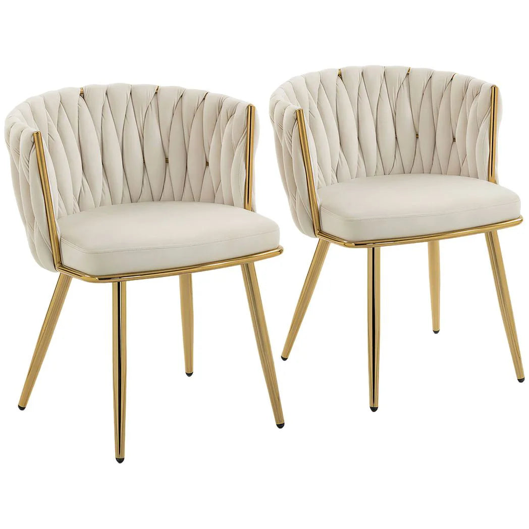 HOMCOM Set of 2 Velvet-Feel Dining Chairs with Knot Backrest & Golden Legs – Upholstered Accent Chairs, Cream