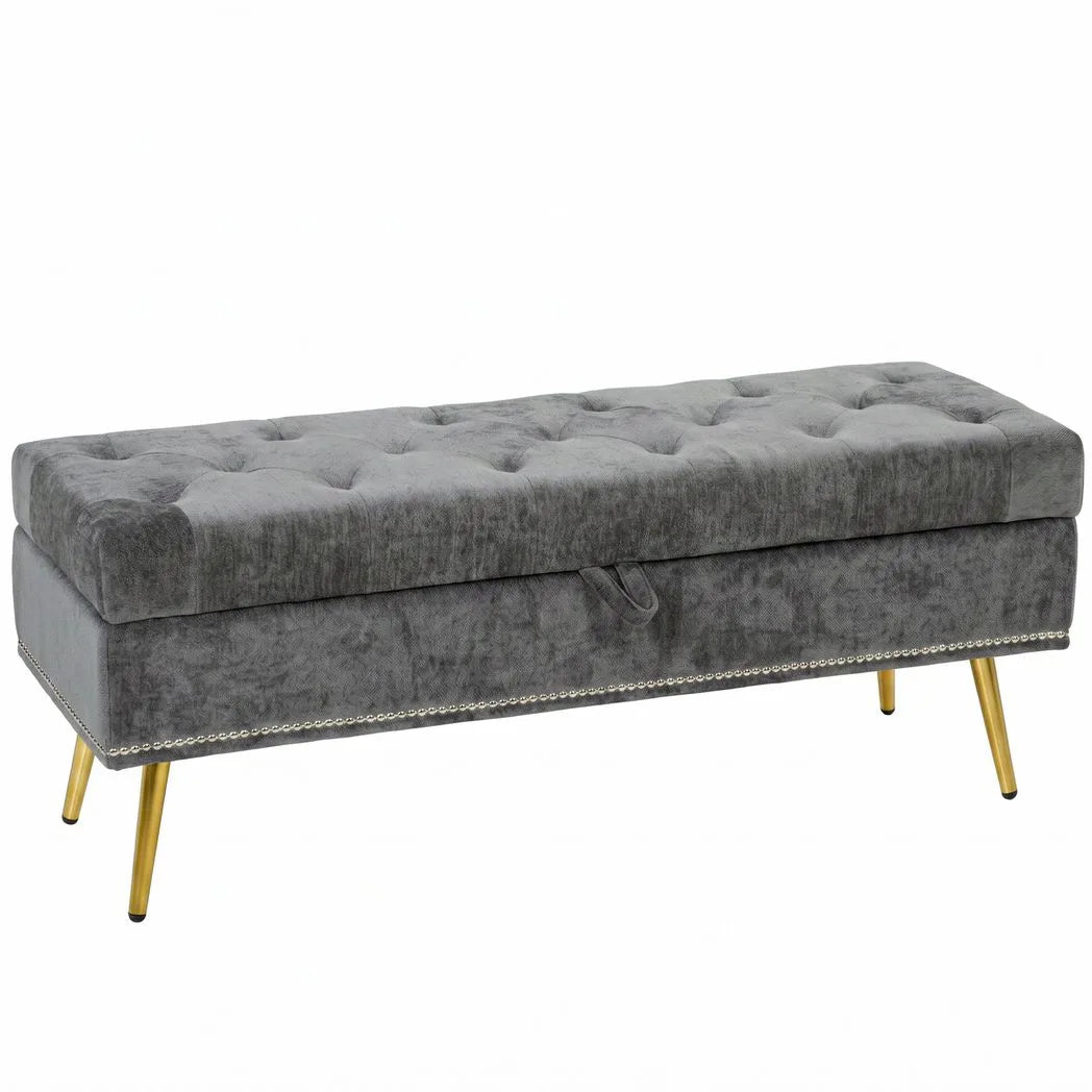 HOMCOM Chenille Storage Ottoman Bench with Padded Seat and Metal Legs, 114 x 41 x 45cm – End of Bed Seat, Grey